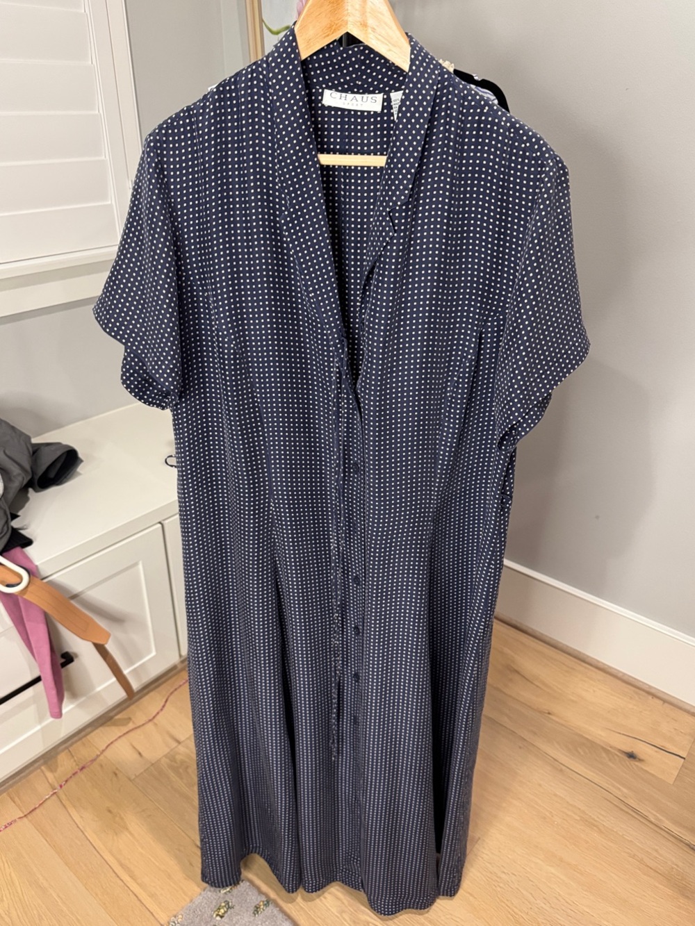 Chaus Navy Blue Polka Dot Maxi Button-Front Silk Dress size 16 vintage